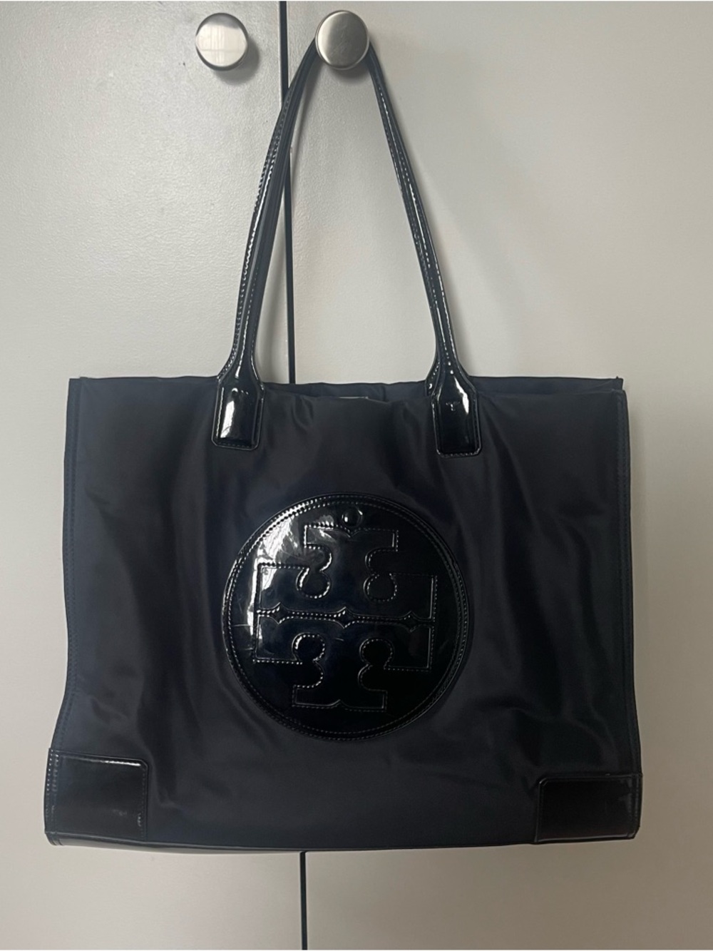 Tory Burch Black Patent Logo Nylon Tote